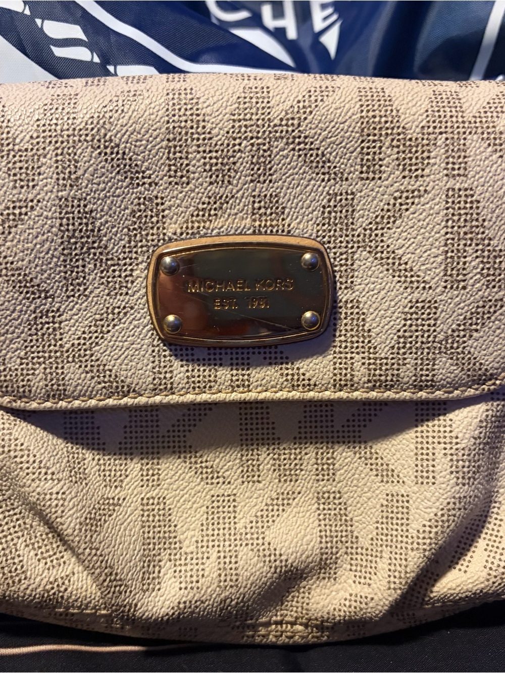 Michael Kors Beige Logo Shoulder Bag with Gold Plate